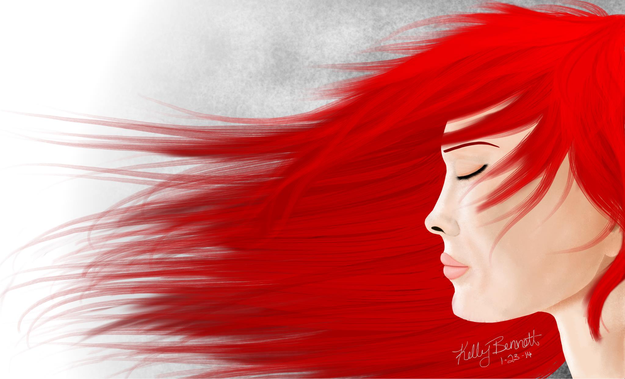 Digital Portrait with long red strands of hair