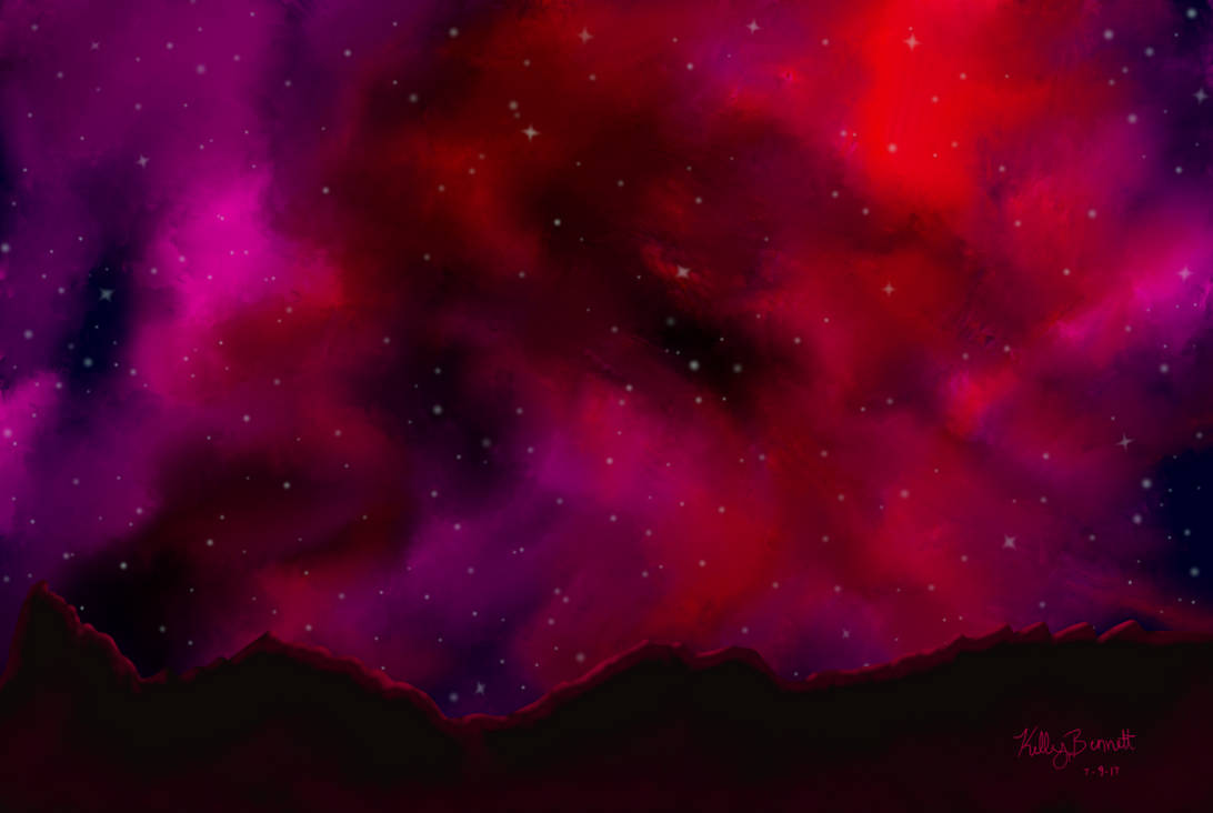 Dark Reds, Blues, and Purples dominate this night sky over mountains digital painting.